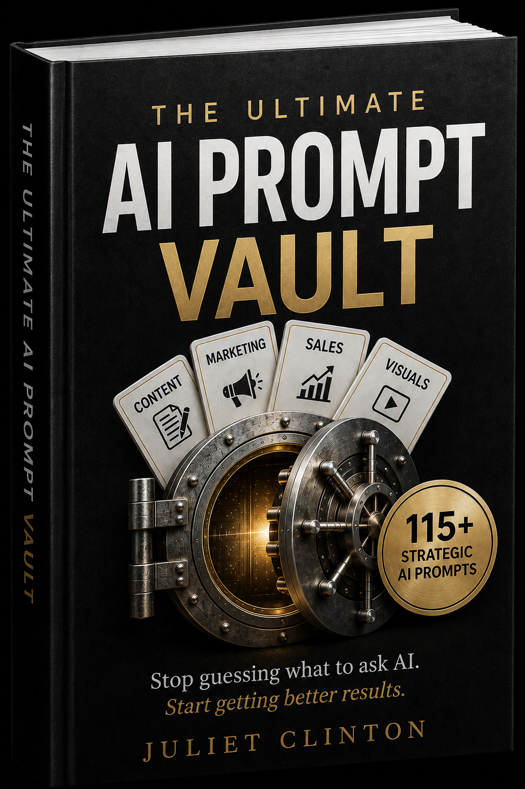 The Ultimate AI Prompt Vault hardcover book by Juliet Clinton, black cover with gold vault artwork